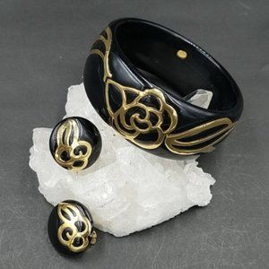 Vintage Givenchy Black Lucite Gold Overlay Set